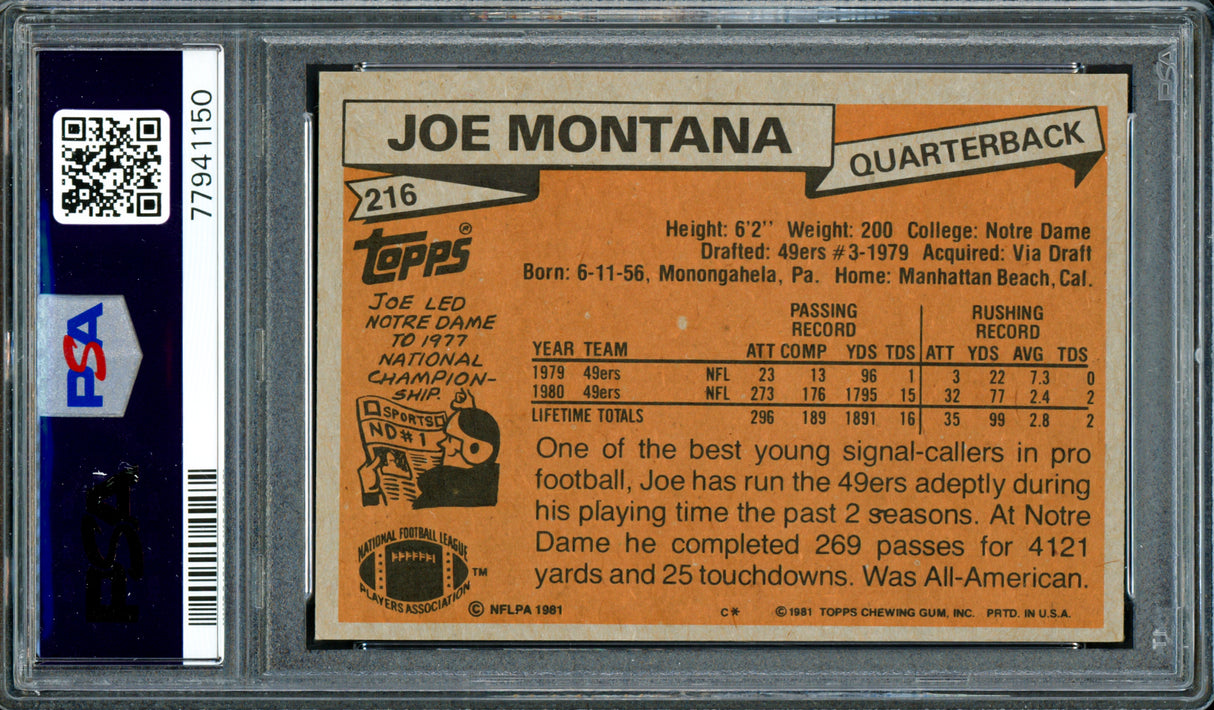Joe Montana Autographed 1981 Topps Rookie Card #216 San Francisco 49ers PSA 7 Auto Grade Gem Mint 10 PSA/DNA #77941150
