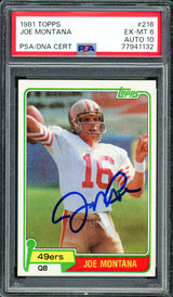 Joe Montana Autographed 1981 Topps Rookie Card #216 San Francisco 49ers PSA 6 Auto Grade Gem Mint 10 PSA/DNA #77941132