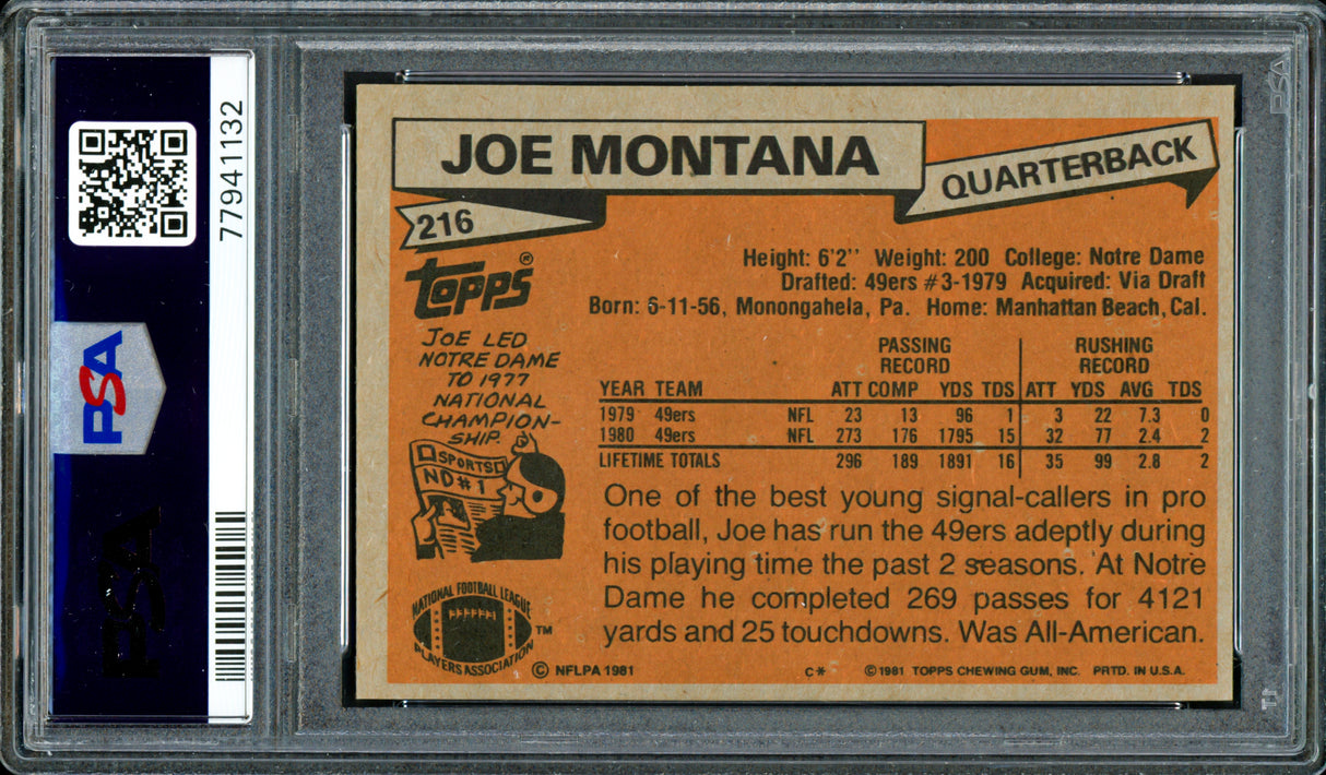 Joe Montana Autographed 1981 Topps Rookie Card #216 San Francisco 49ers PSA 6 Auto Grade Gem Mint 10 PSA/DNA #77941132
