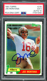 Joe Montana Autographed 1981 Topps Rookie Card #216 San Francisco 49ers PSA 5 Auto Grade Gem Mint 10 PSA/DNA #77941046
