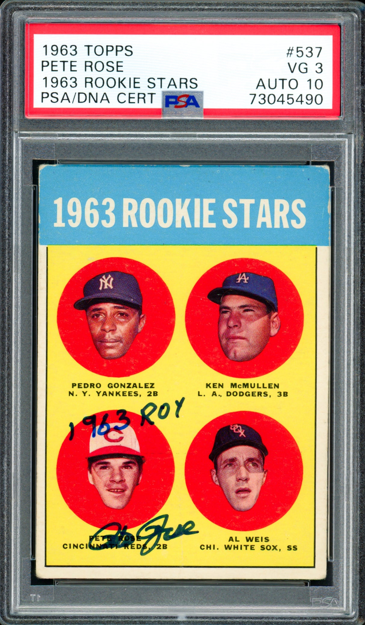 Pete Rose Autographed 1963 Topps Rookie Card #537 Cincinnati Reds PSA 3 Auto Grade Gem Mint 10 "1963 ROY" PSA/DNA #73045490