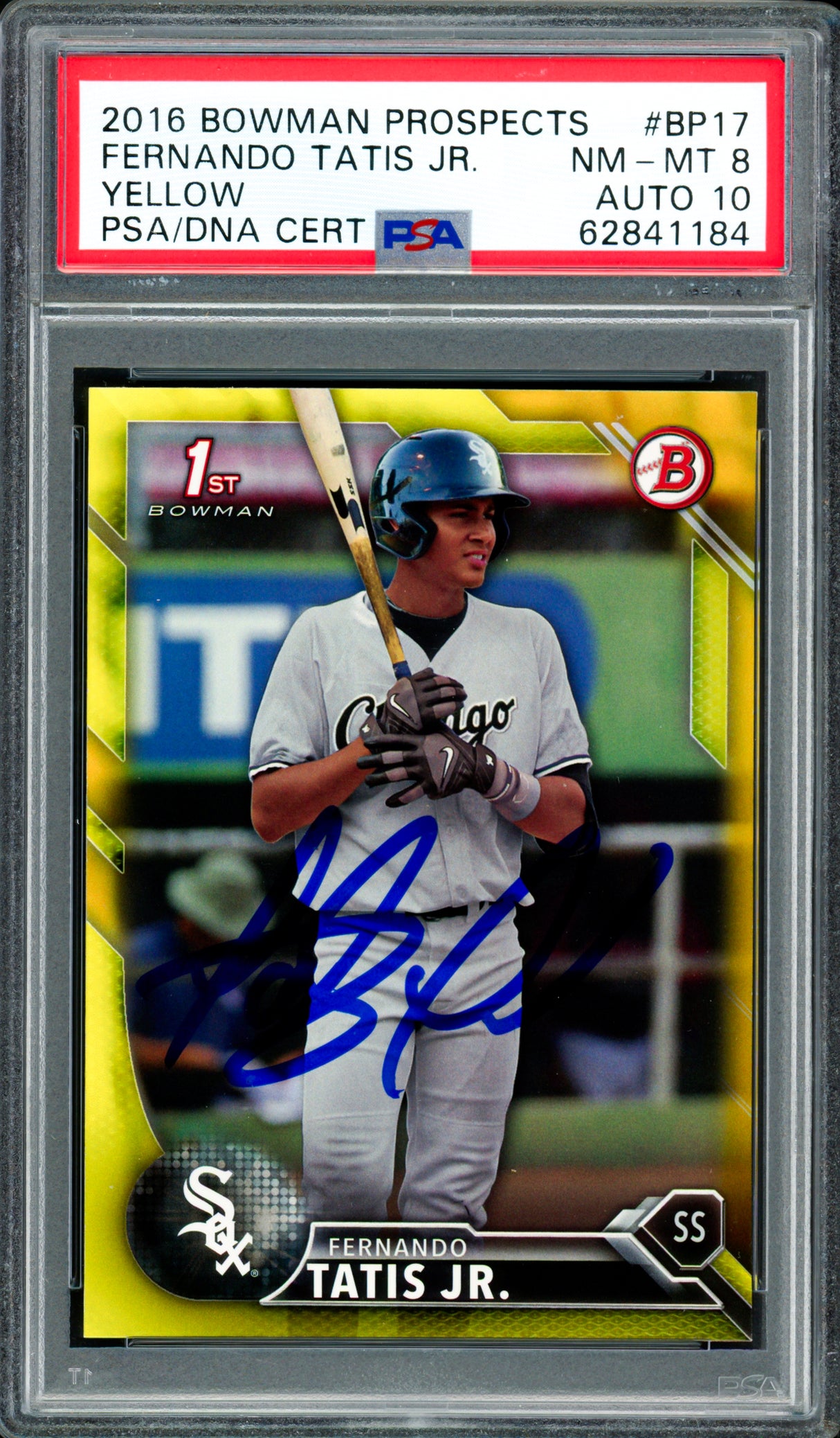 Fernando Tatis Jr. Autographed 2016 Bowman Prospects Yellow Rookie Card #BP17 San Diego Padres PSA 8 Auto Grade Gem Mint 10 PSA/DNA #62841184