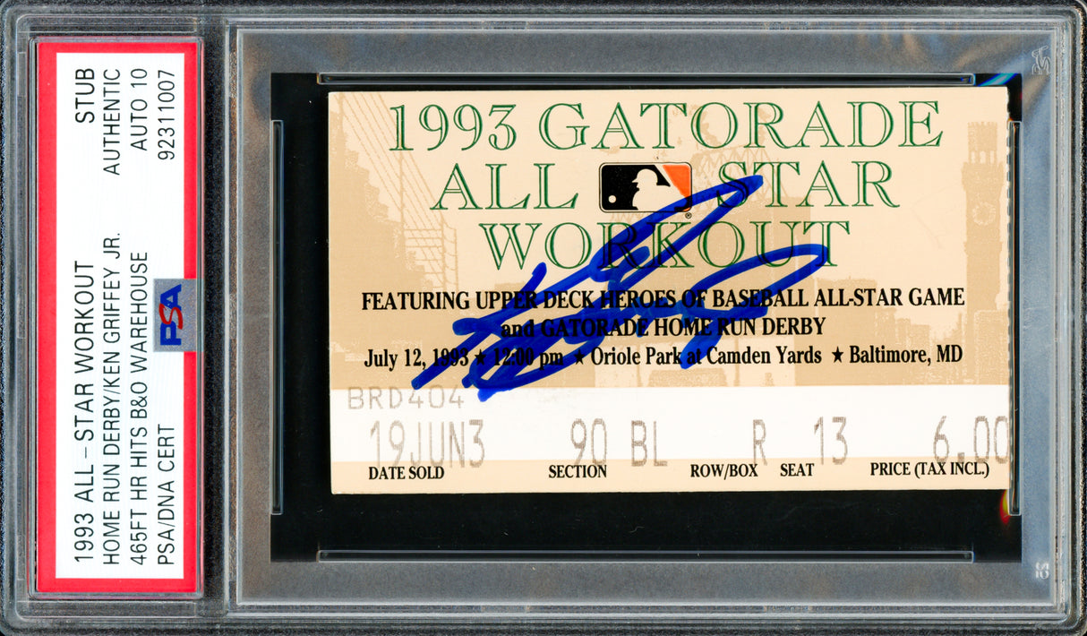 Ken Griffey Jr. Autographed 1993 All Star Home Run Derby Warehouse Ticket Seattle Mariners Auto Grade Gem Mint 10 PSA/DNA #92311007