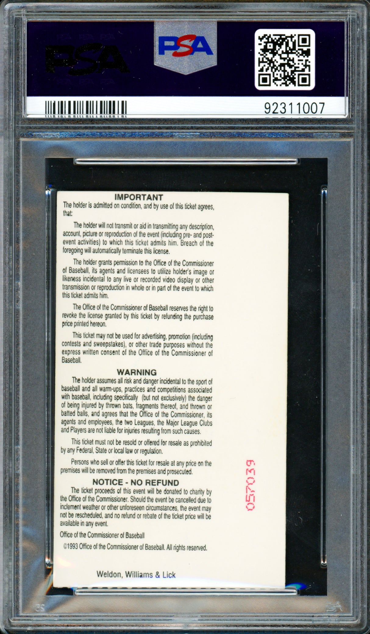 Ken Griffey Jr. Autographed 1993 All Star Home Run Derby Warehouse Ticket Seattle Mariners Auto Grade Gem Mint 10 PSA/DNA #92311007