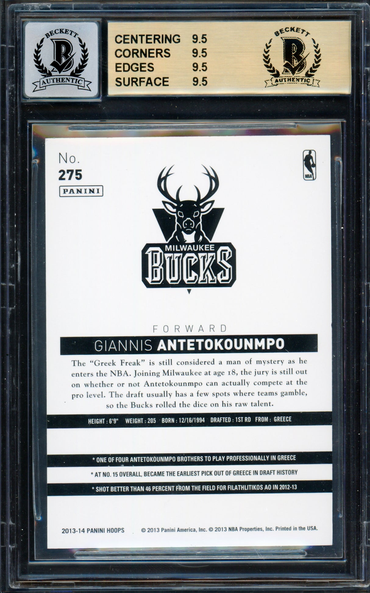 Giannis Antetokounmpo Autographed 2013 Panini Hoops Rookie Card #275 Milwaukee Bucks BGS 9.5 Auto Grade Near Mint/Mint 8 "Greek Freak" Beckett BAS #15465629
