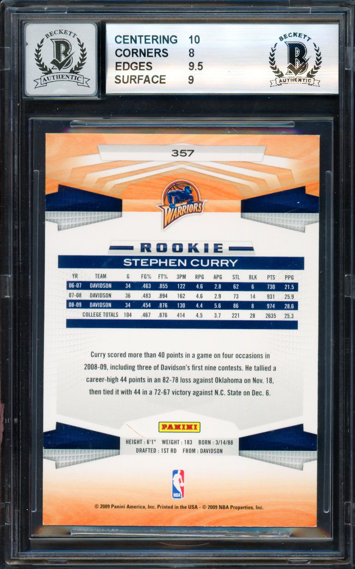 Stephen Curry Autographed 2009-10 Panini Rookie Card #357 Golden State Warriors BGS 8.5 Auto Grade Gem Mint 10 (Aftermarket Sticker) Beckett BAS #18965955