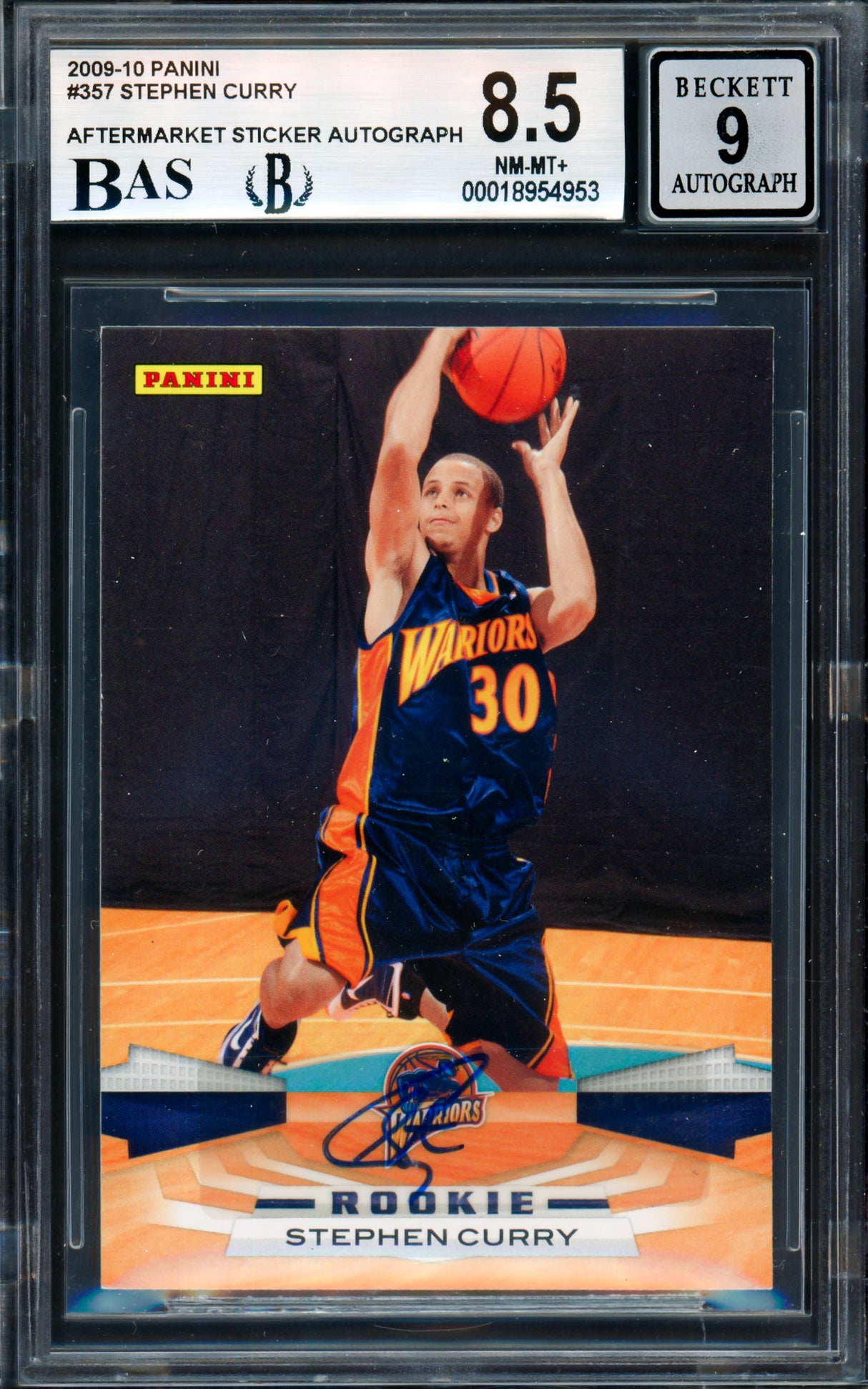 Stephen Curry Autographed 2009-10 Panini Rookie Card #357 Golden State Warriors BGS 8.5 Auto Grade Mint 9 (Aftermarket Sticker) Beckett BAS #18954953