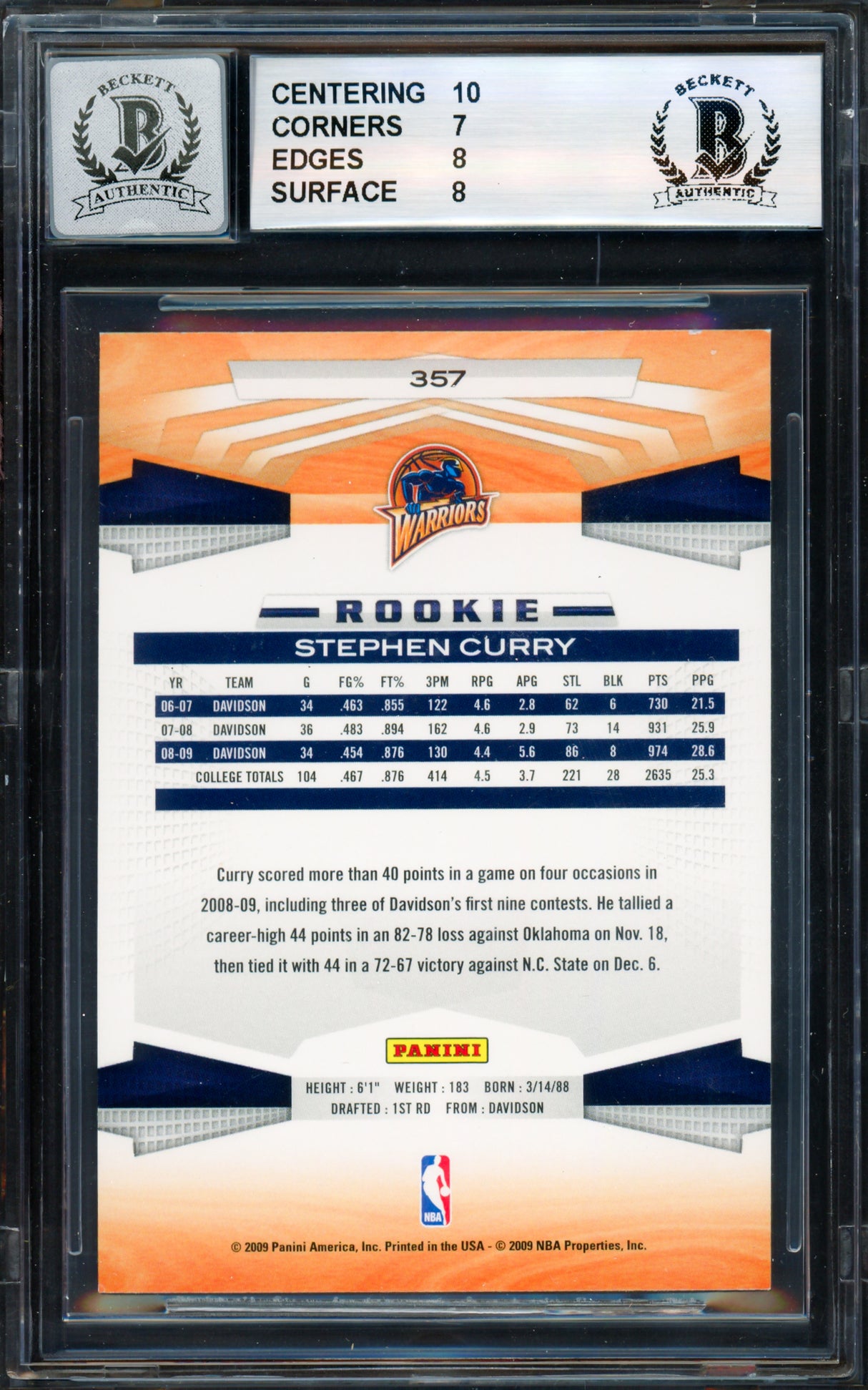 Stephen Curry Autographed 2009-10 Panini Rookie Card #357 Golden State Warriors BGS 7.5 Auto Grade Gem Mint 10 (Aftermarket Sticker) Beckett BAS #18954957