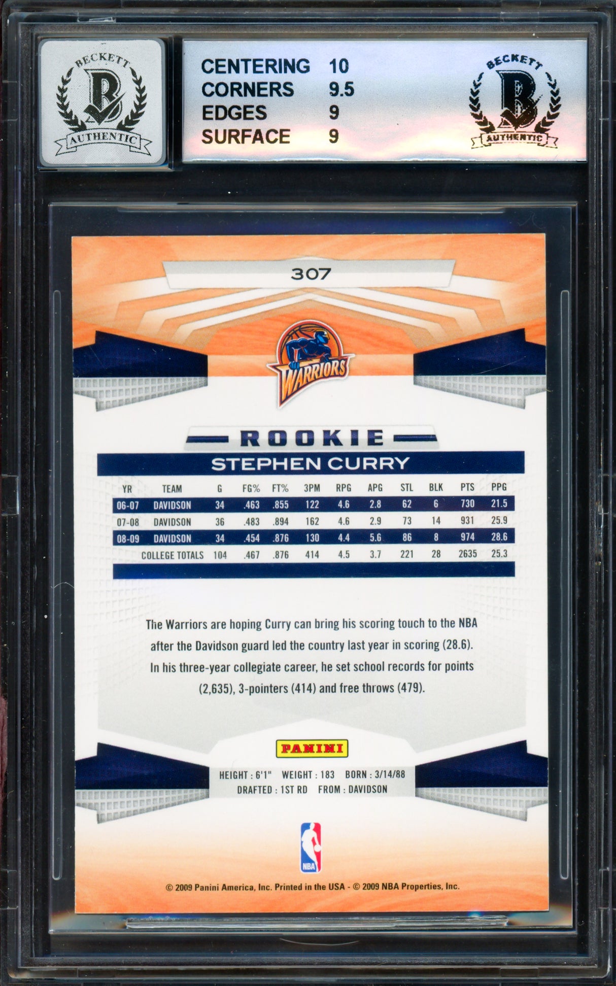 Stephen Curry Autographed 2009-10 Panini Rookie Card #307 Golden State Warriors BGS 9 Auto Grade Gem Mint 10 (Aftermarket Sticker) Beckett BAS #18113336