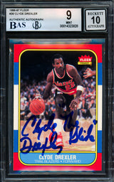 Clyde Drexler Autographed 1986 Fleer "The Glide" Rookie Card #26 Portland Trail Blazers BGS 9 Auto Grade Gem Mint 10 Beckett BAS #14323828