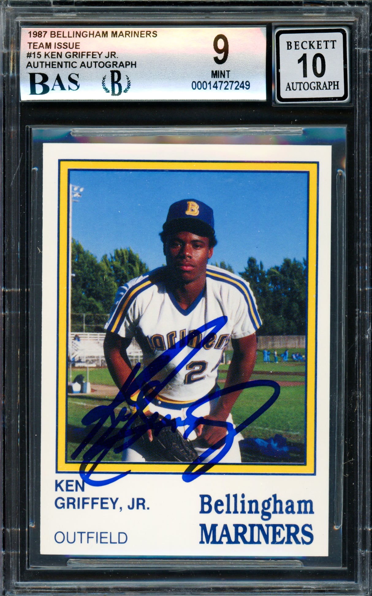 Ken Griffey Jr. Autographed 1987 Bellingham Rookie Card #15 Seattle Mariners BGS 9 Auto Grade Gem Mint 10 Beckett BAS #14727249