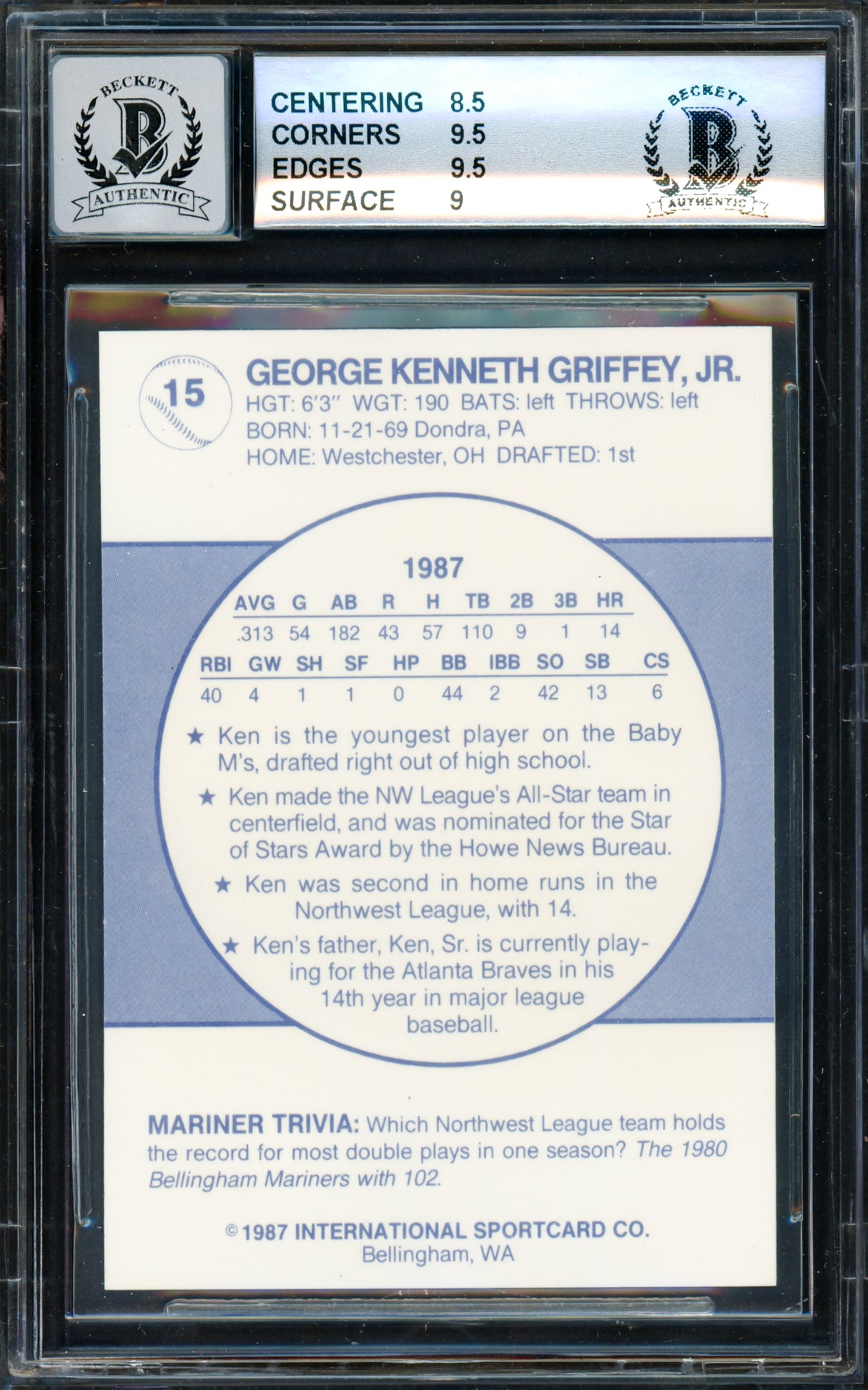 Ken Griffey Jr. Autographed 1987 Bellingham Rookie Card #15 Seattle Mariners BGS 9 Auto Grade Gem Mint 10 Beckett BAS #14727249
