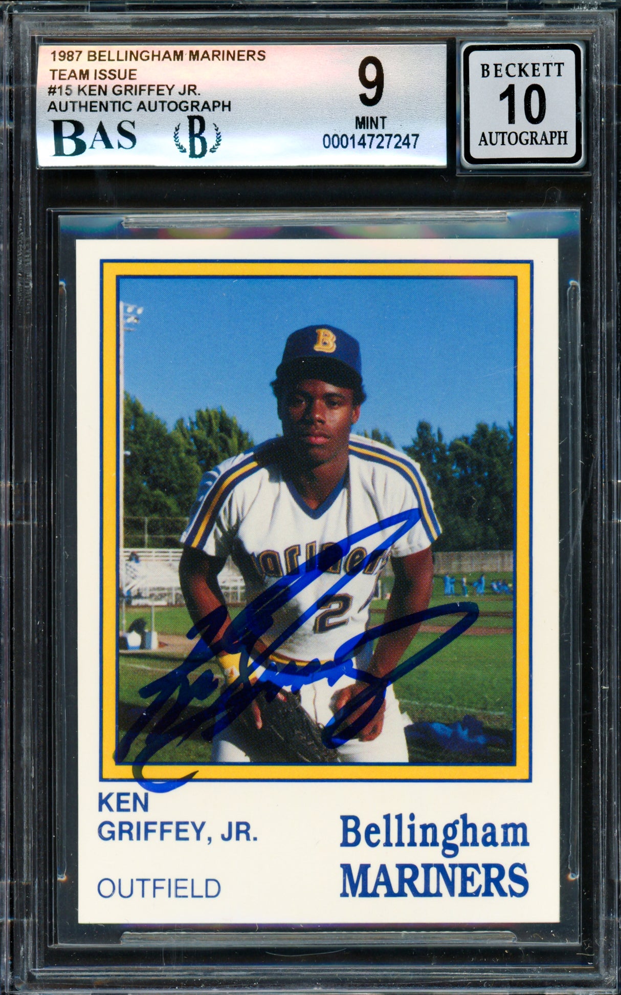 Ken Griffey Jr. Autographed 1987 Bellingham Rookie Card #15 Seattle Mariners BGS 9 Auto Grade Gem Mint 10 Beckett BAS #14727247