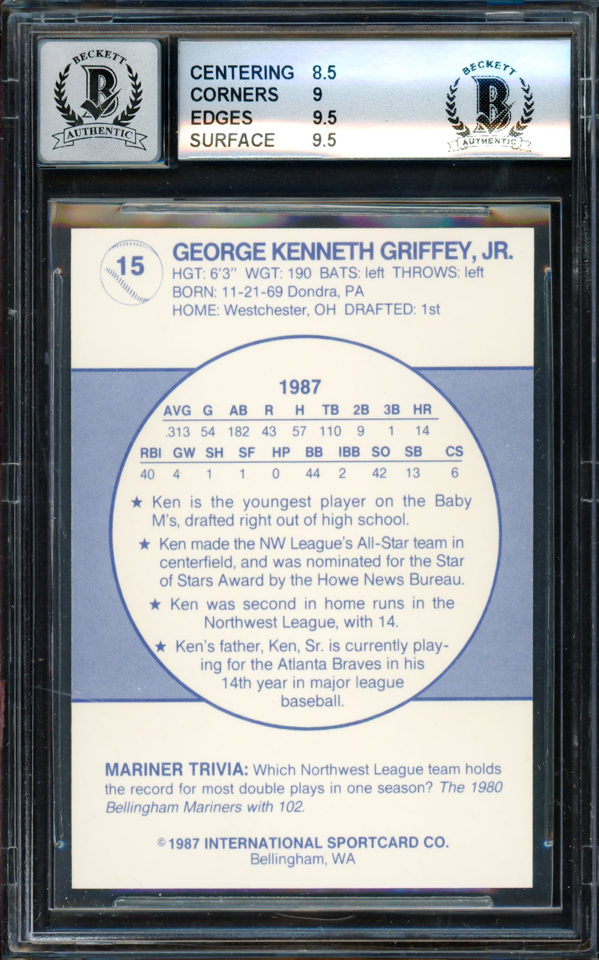 Ken Griffey Jr. Autographed 1987 Bellingham Rookie Card #15 Seattle Mariners BGS 9 Auto Grade Gem Mint 10 Beckett BAS #14727247