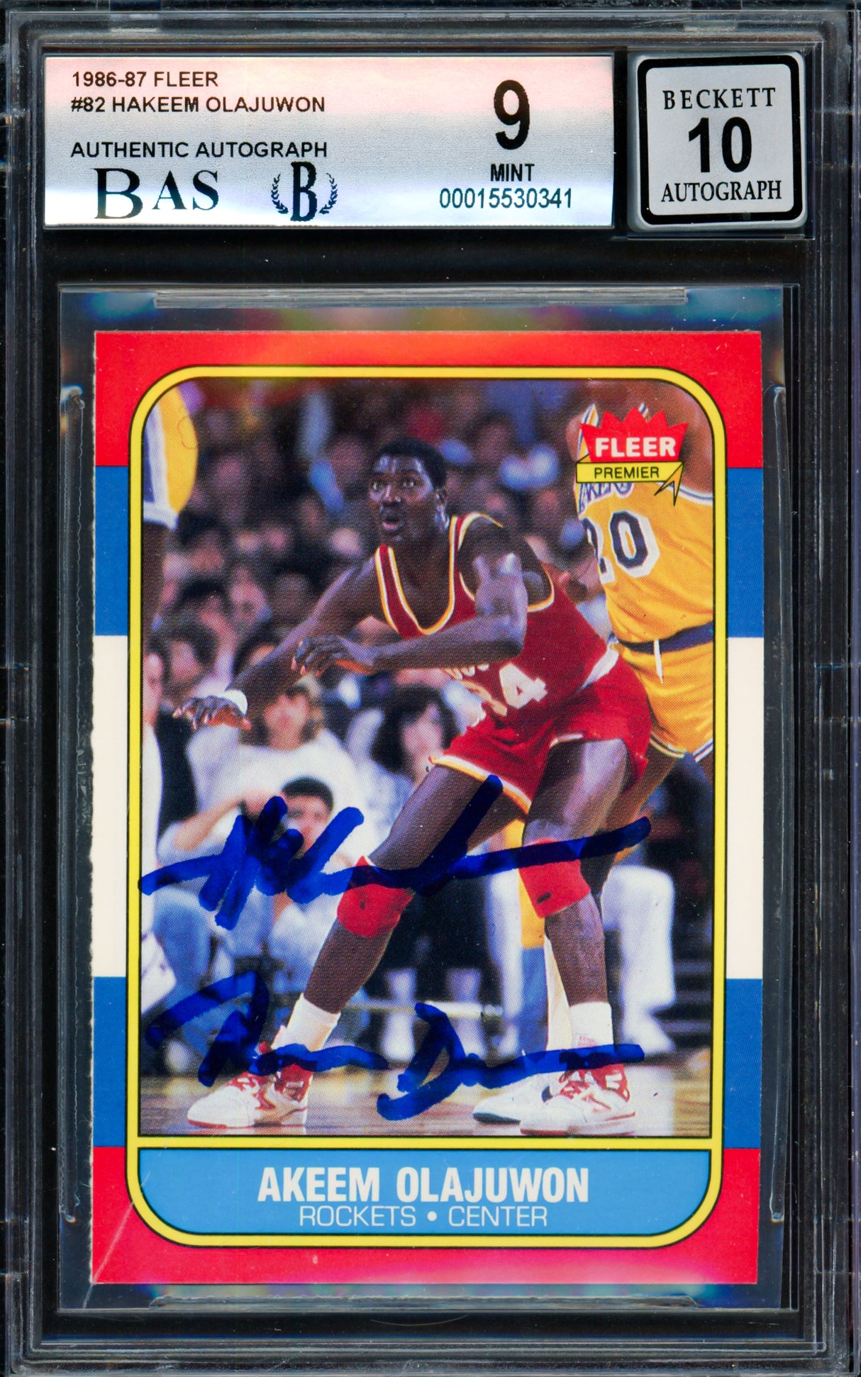 Hakeem Olajuwon Autographed 1986-87 Fleer "The Dream" Rookie Card #82 Houston Rockets BGS 9 Auto Grade Gem Mint 10 Beckett BAS #15530341