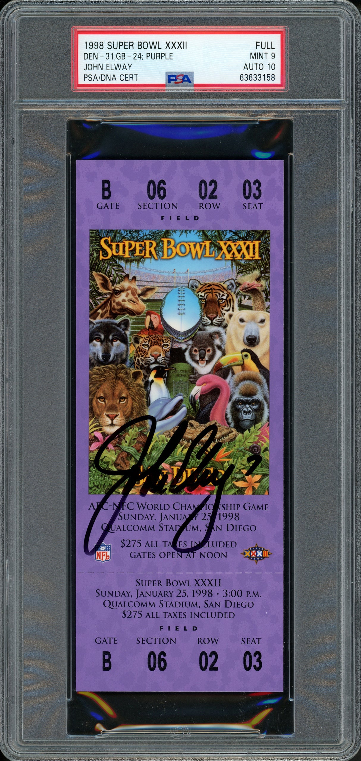 John Elway Autographed 1998 Super Bowl XXXII Ticket Denver Broncos PSA 9 Auto Grade Gem Mint 10 PSA/DNA #63633158