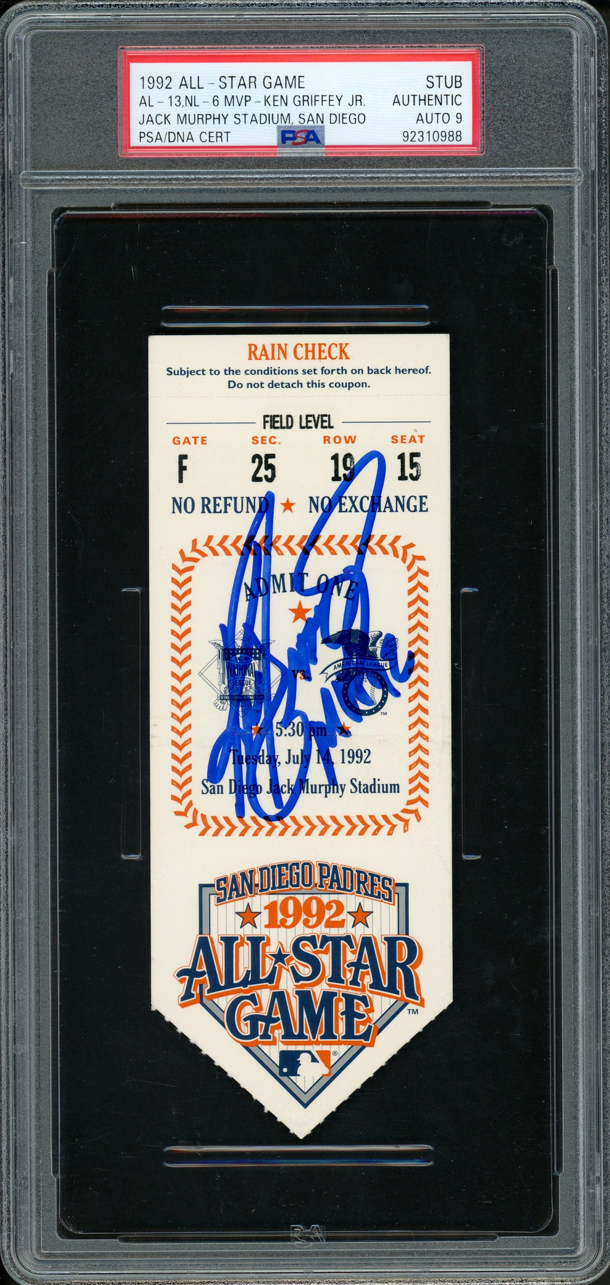 Ken Griffey Jr. Autographed 1992 All Star Game Ticket Seattle Mariners Auto Grade Mint 9 "MVP 92" PSA/DNA #92310988