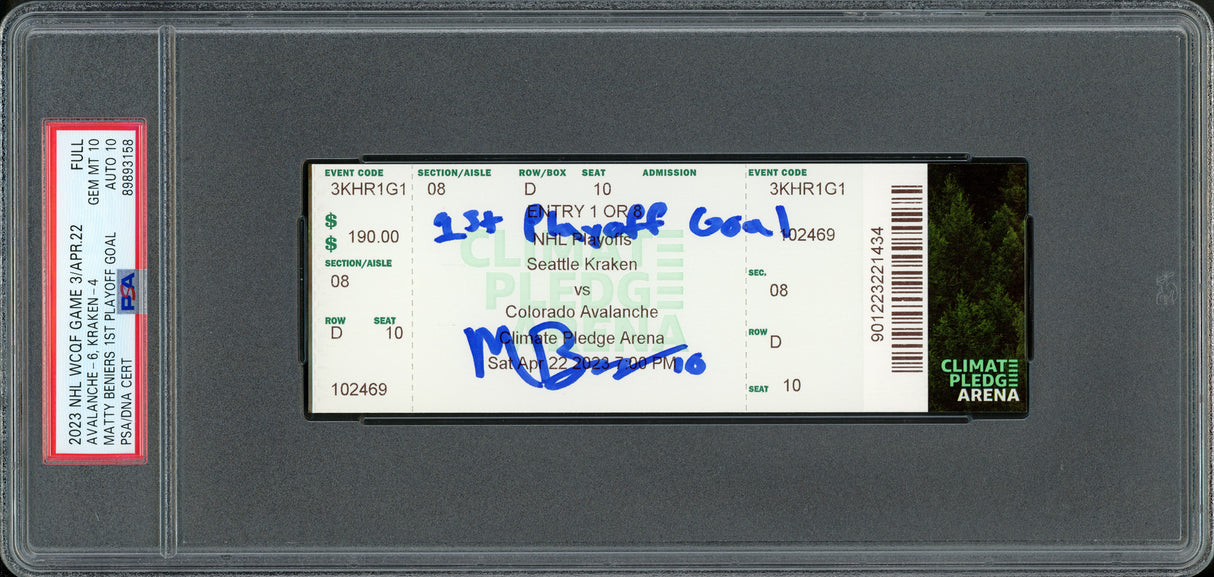Matty Beniers Autographed 1st NHL Playoff Goal Ticket Seattle Kraken PSA 10 Auto Grade Gem Mint 10 "1st Playoff Goal" PSA/DNA #89893158