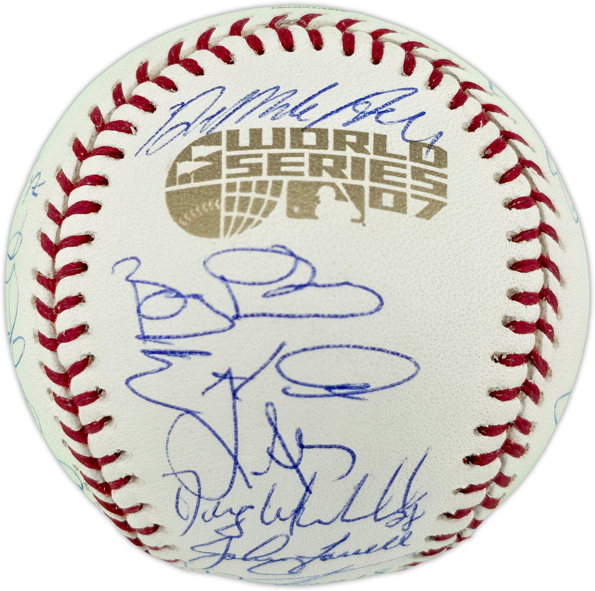2007 World Series Champs Autographed Official WS Logo Baseball Boston Red Sox With 27 Signatures Including Pedroia & Varitek MLB Holo #BB680704