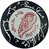 Gordie Howe, Sid Abel, & Ted Lindsay Autographed Official Detroit Red Wings Logo Hockey Puck Production Line Beckett BAS #AE85129