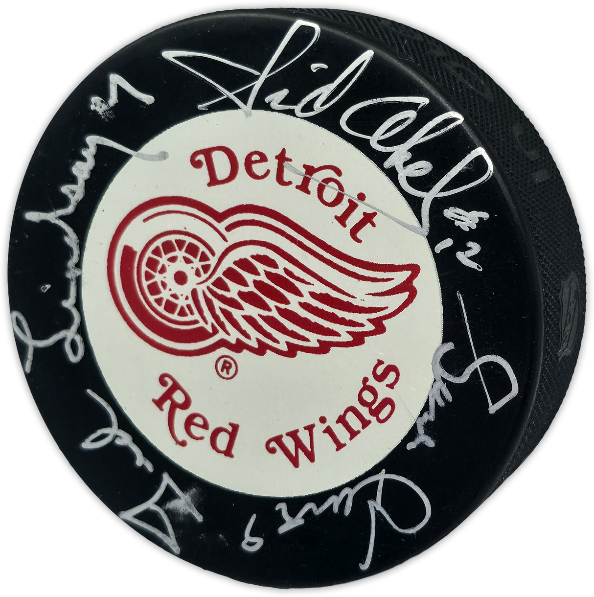 Gordie Howe, Sid Abel, & Ted Lindsay Autographed Official Detroit Red Wings Logo Hockey Puck Production Line Beckett BAS #AE85130