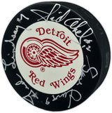 Gordie Howe, Sid Abel, & Ted Lindsay Autographed Official Detroit Red Wings Logo Hockey Puck Production Line Beckett BAS #AE85130