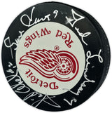 Gordie Howe, Sid Abel, & Ted Lindsay Autographed Official Detroit Red Wings Logo Hockey Puck Production Line Beckett BAS #AE85130