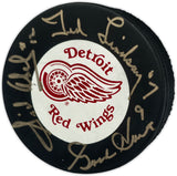Gordie Howe, Sid Abel, & Ted Lindsay Autographed Official Detroit Red Wings Logo Hockey Puck Production Line Beckett BAS #AE85136