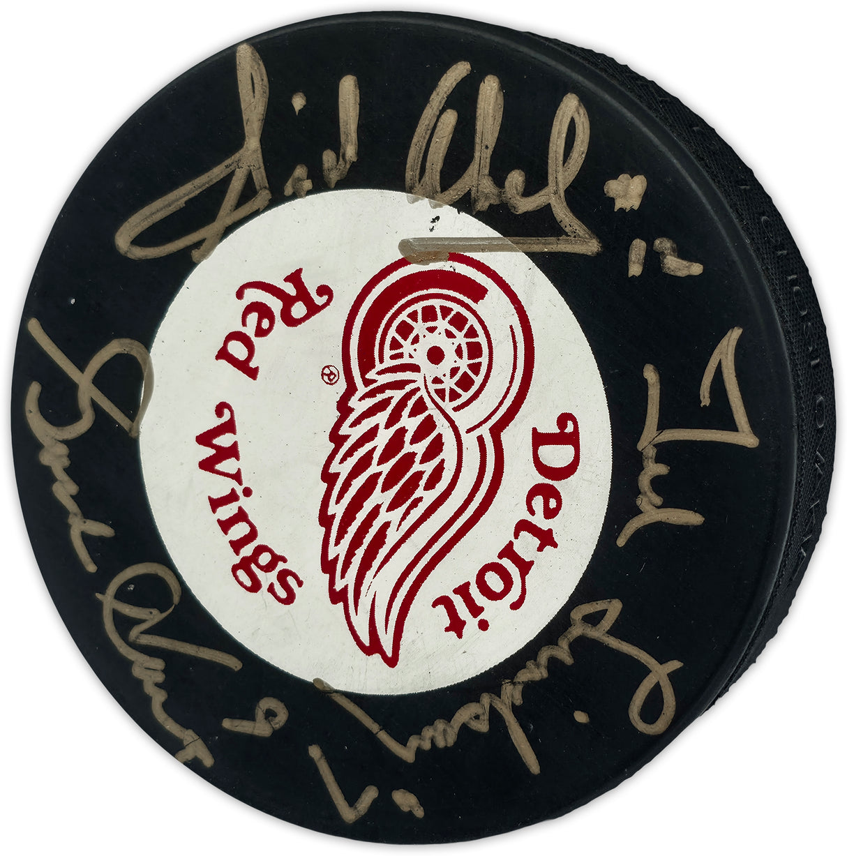 Gordie Howe, Sid Abel, & Ted Lindsay Autographed Official Detroit Red Wings Logo Hockey Puck Production Line Beckett BAS #AE85136