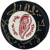 Gordie Howe, Sid Abel, & Ted Lindsay Autographed Official Detroit Red Wings Logo Hockey Puck Production Line Beckett BAS #AE85136