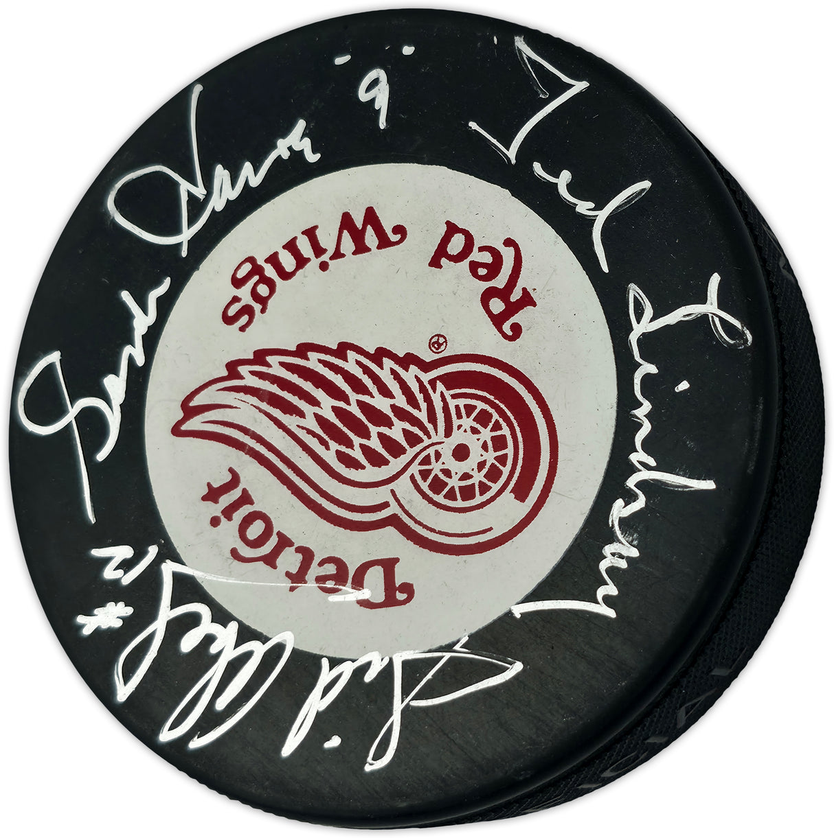Gordie Howe, Sid Abel, & Ted Lindsay Autographed Official Detroit Red Wings Logo Hockey Puck Production Line Beckett BAS #AE85128
