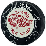 Gordie Howe, Sid Abel, & Ted Lindsay Autographed Official Detroit Red Wings Logo Hockey Puck Production Line Beckett BAS #AE85134