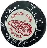 Gordie Howe, Sid Abel, & Ted Lindsay Autographed Official Detroit Red Wings Logo Hockey Puck Production Line Beckett BAS #AE85134