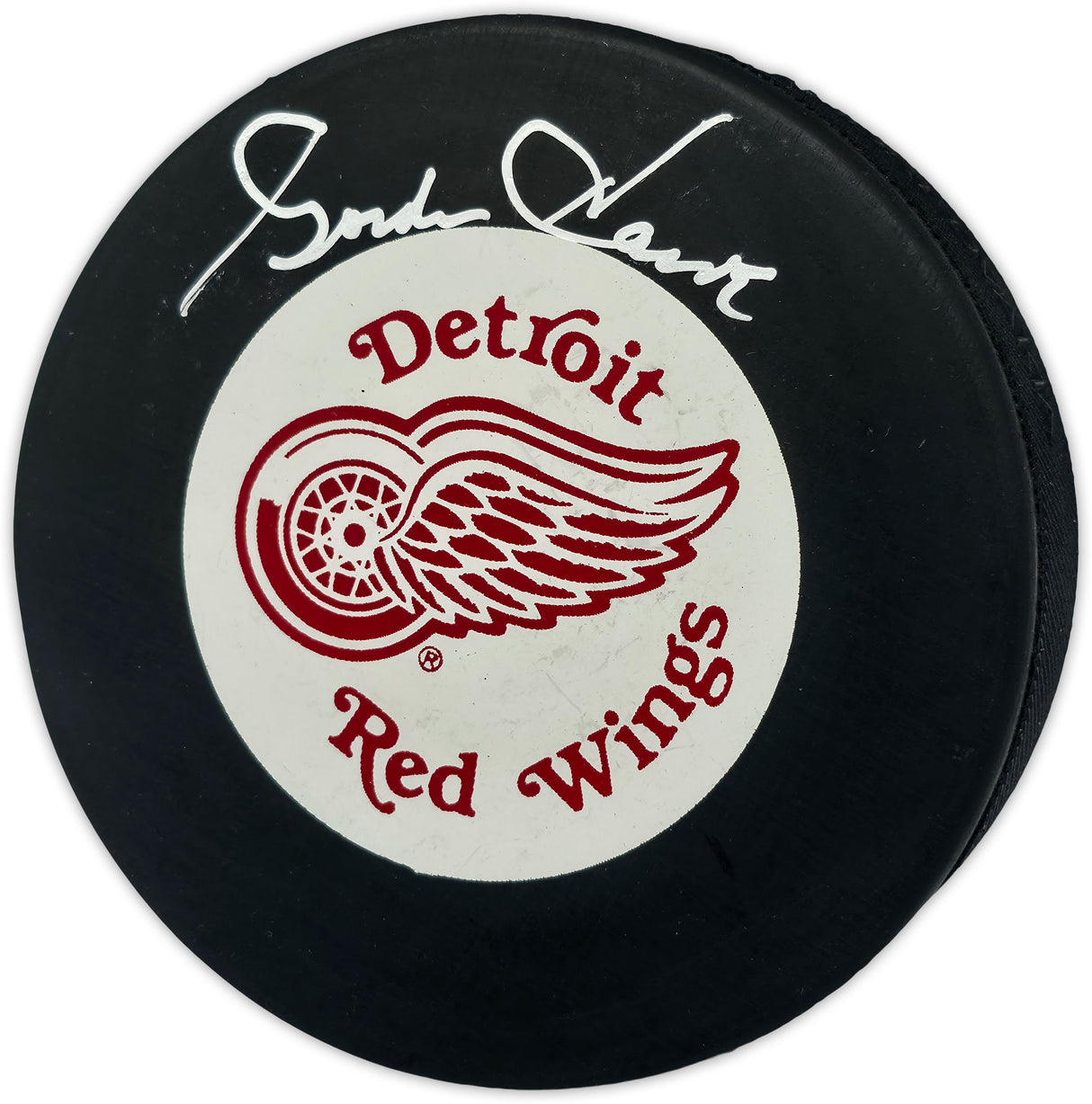Gordie Howe Autographed Official Detroit Red Wings Logo Hockey Puck Beckett BAS #BV86531