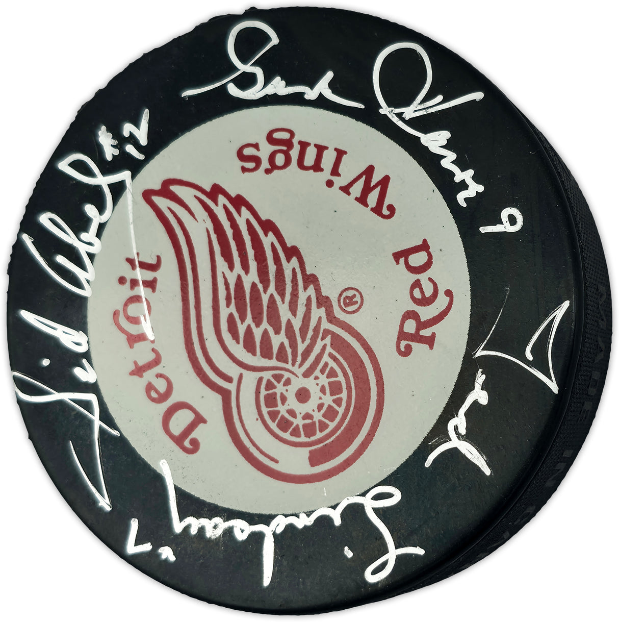 Gordie Howe, Sid Abel, & Ted Lindsay Autographed Official Detroit Red Wings Logo Hockey Puck Production Line Beckett BAS #AE85127
