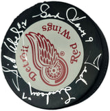Gordie Howe, Sid Abel, & Ted Lindsay Autographed Official Detroit Red Wings Logo Hockey Puck Production Line Beckett BAS #AE85127