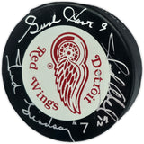 Gordie Howe, Sid Abel, & Ted Lindsay Autographed Official Detroit Red Wings Logo Hockey Puck Production Line Beckett BAS #AE85131