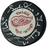 Gordie Howe, Sid Abel, & Ted Lindsay Autographed Official Detroit Red Wings Logo Hockey Puck Production Line Beckett BAS #AE85132