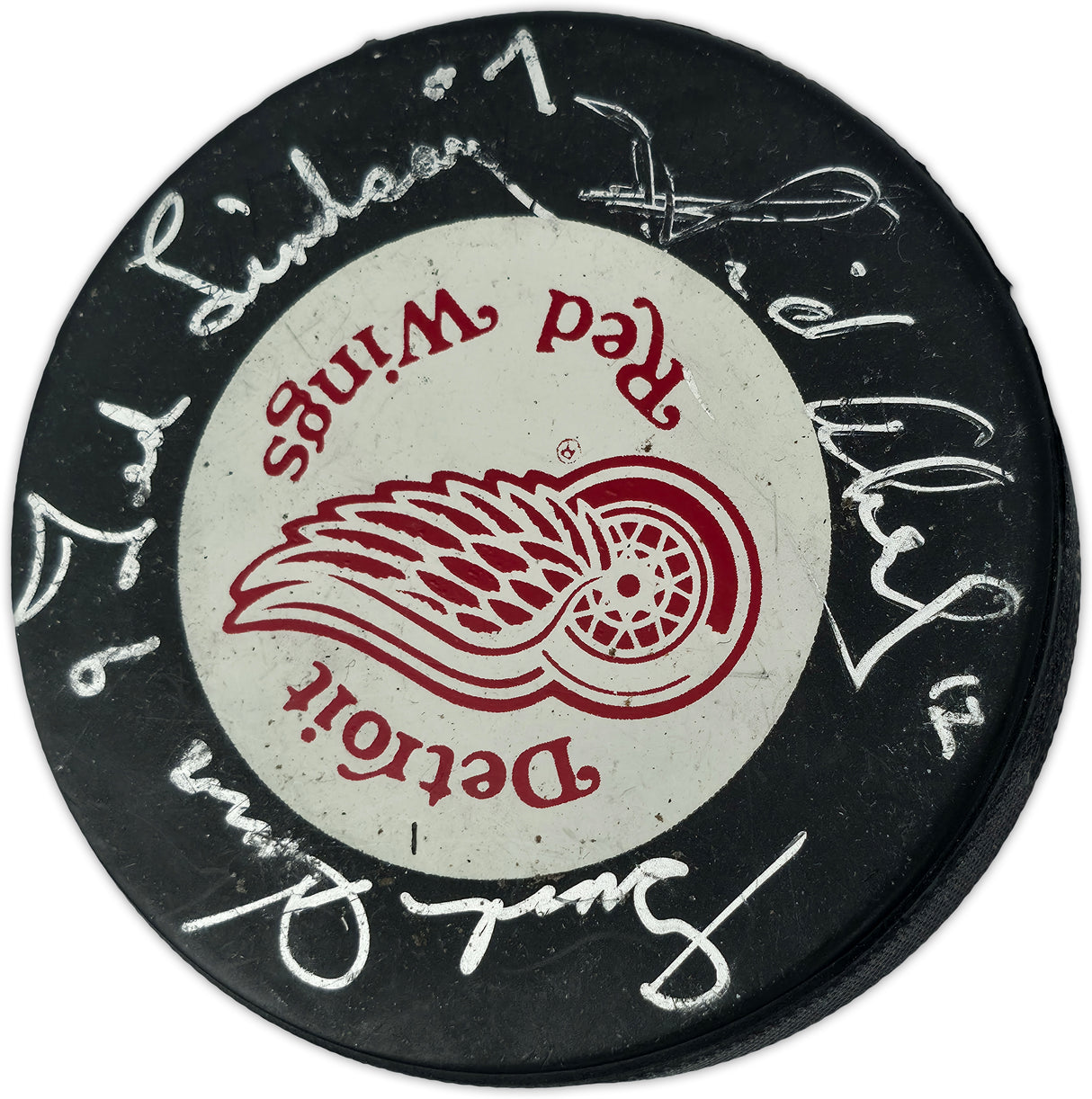 Gordie Howe, Sid Abel, & Ted Lindsay Autographed Official Detroit Red Wings Logo Hockey Puck Production Line Beckett BAS #AE85132