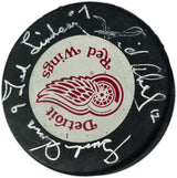 Gordie Howe, Sid Abel, & Ted Lindsay Autographed Official Detroit Red Wings Logo Hockey Puck Production Line Beckett BAS #AE85132