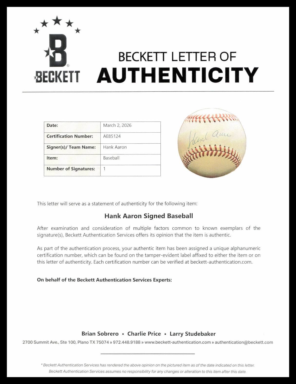 Hank Aaron Autographed Official NL Baseball Atlanta Braves Beckett BAS #AE85124