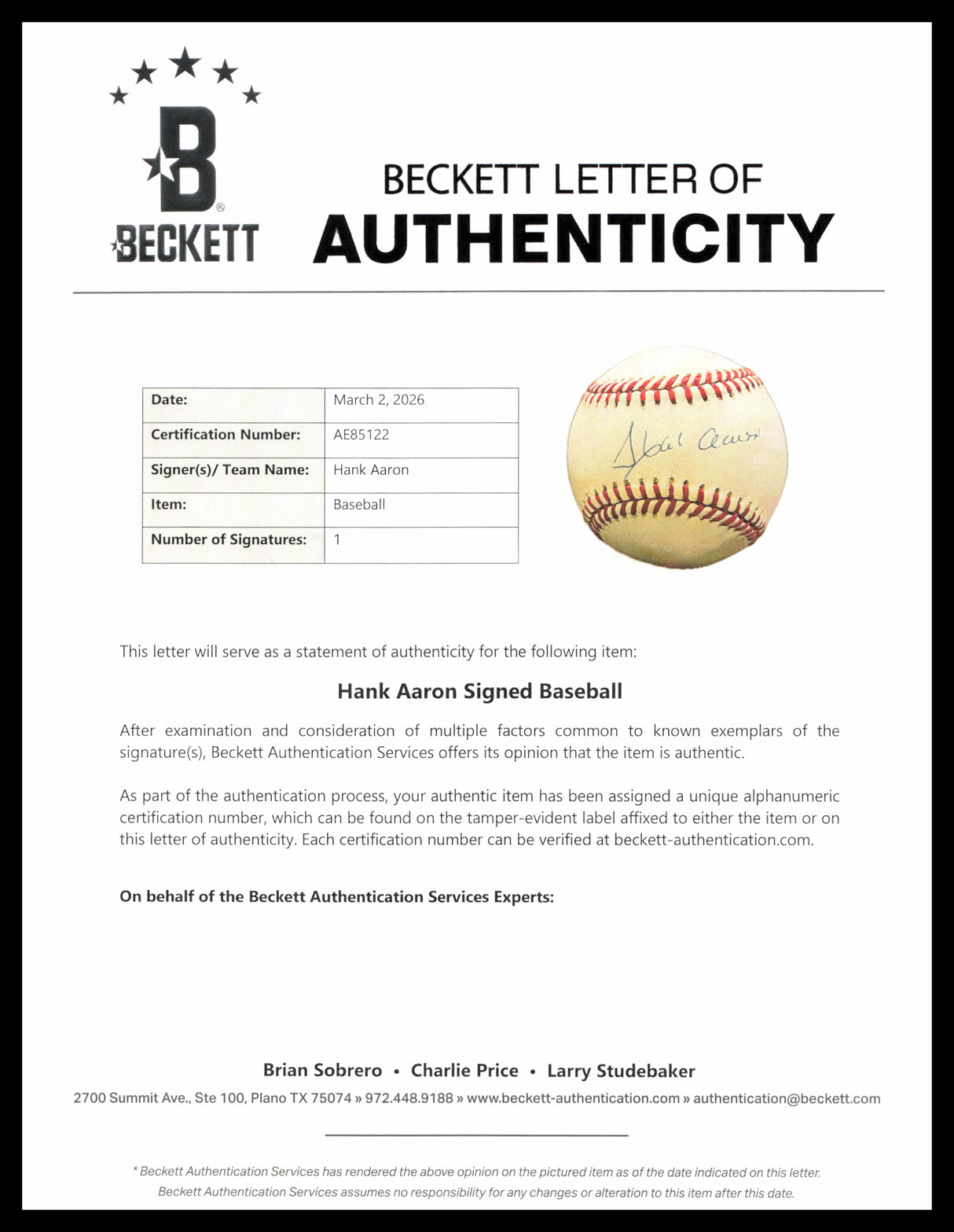 Hank Aaron Autographed Official NL Baseball Atlanta Braves Beckett BAS #AE85122
