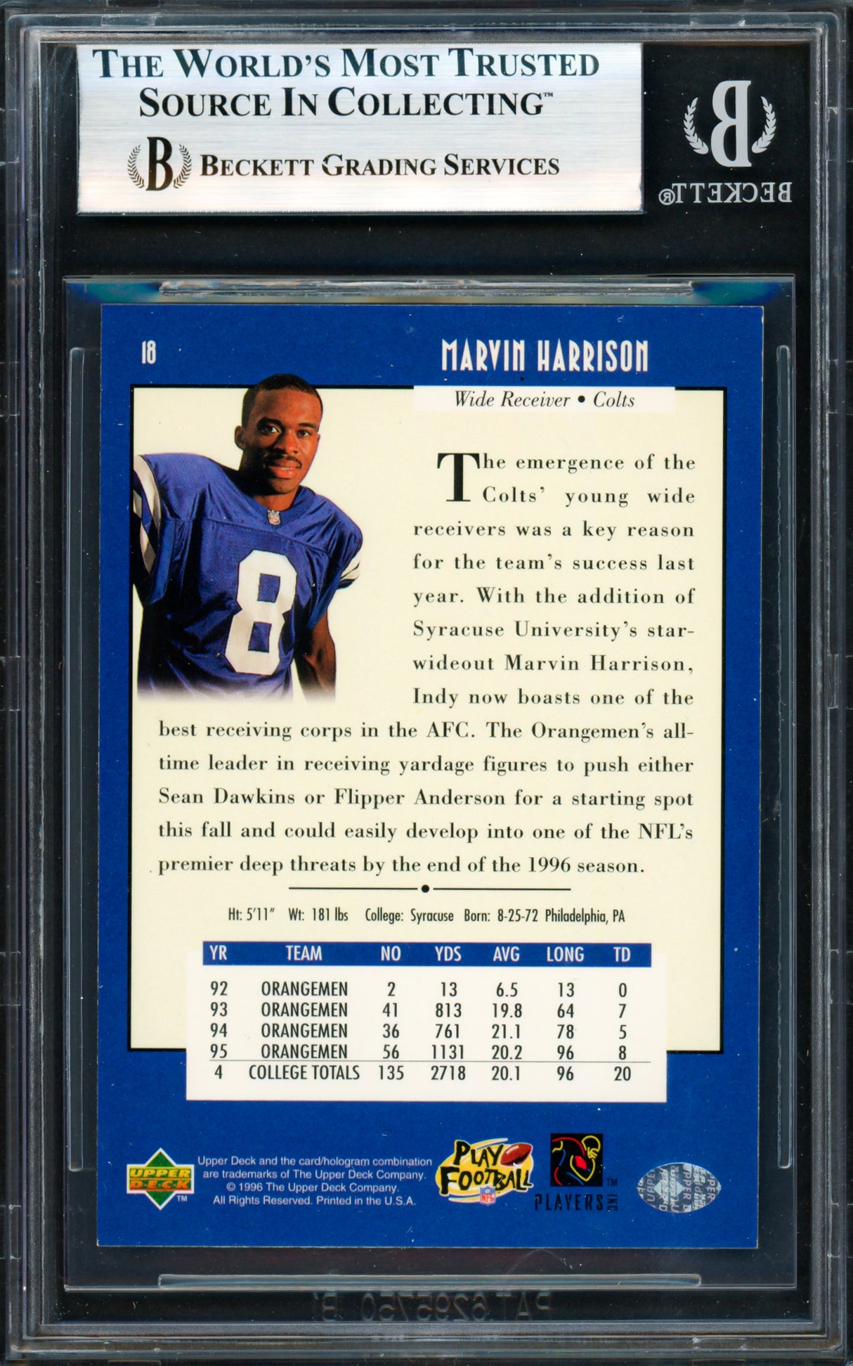 Marvin Harrison Autographed 1996 Upper Deck Rookie Card #18 Indianapolis Colts Beckett BAS #19958166