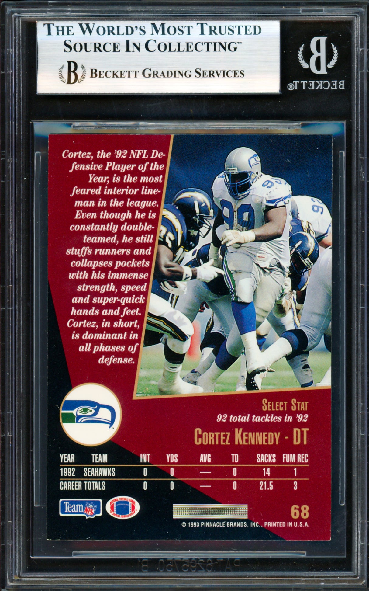 Cortez Kennedy Autographed 1993 Score Select Card #68 Seattle Seahawks Beckett BAS #19958171