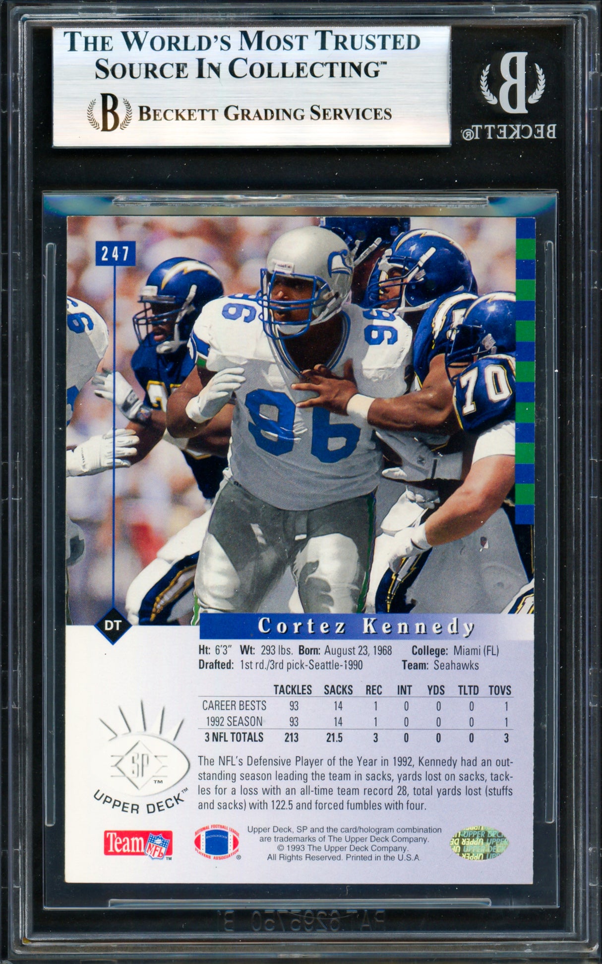 Cortez Kennedy Autographed 1993 Upper Deck SP Card #247 Seattle Seahawks Beckett BAS #19958175