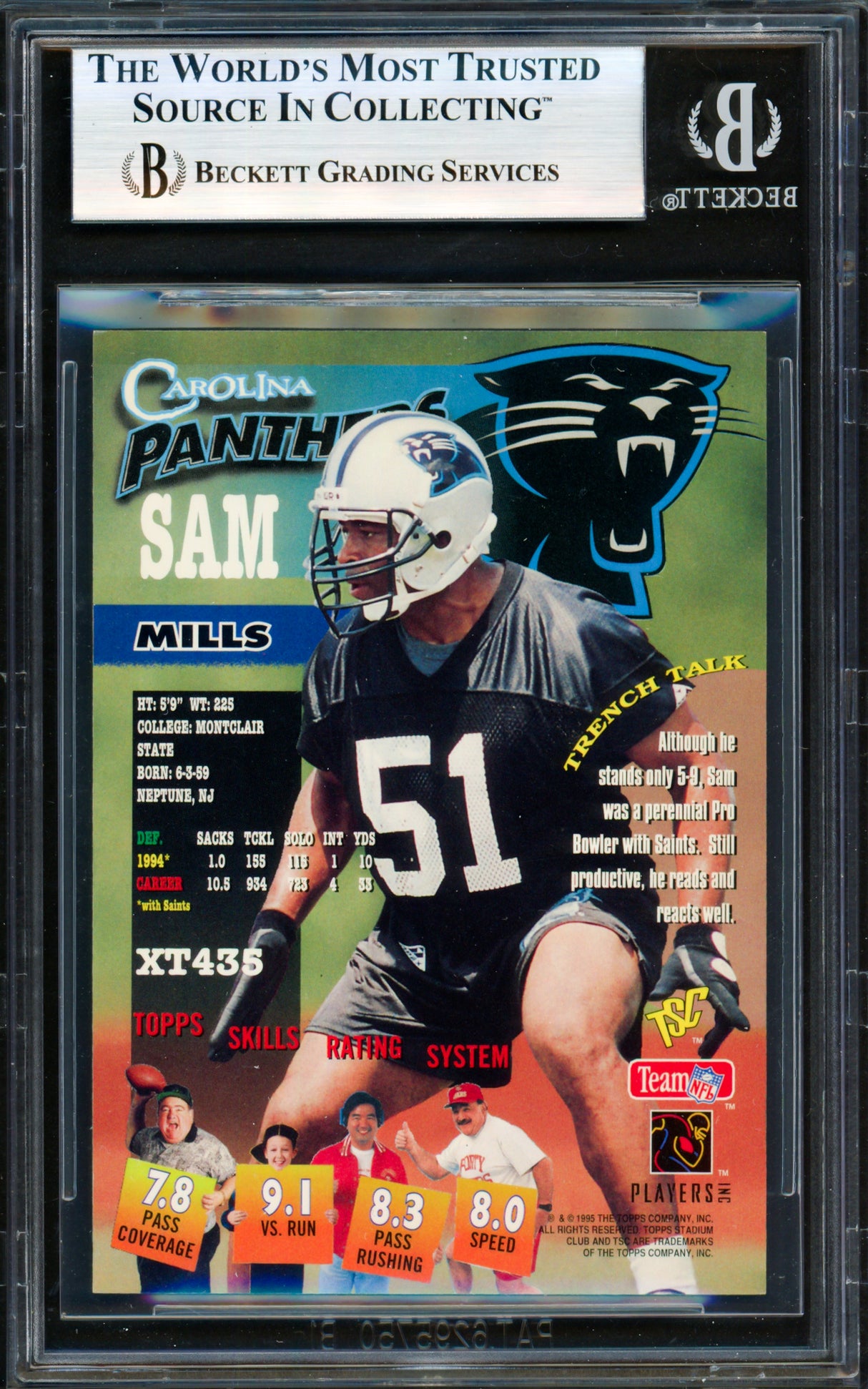 Sam Mills Autographed 1995 Stadium Club Card #XT435 Carolina Panthers Beckett BAS #19958462