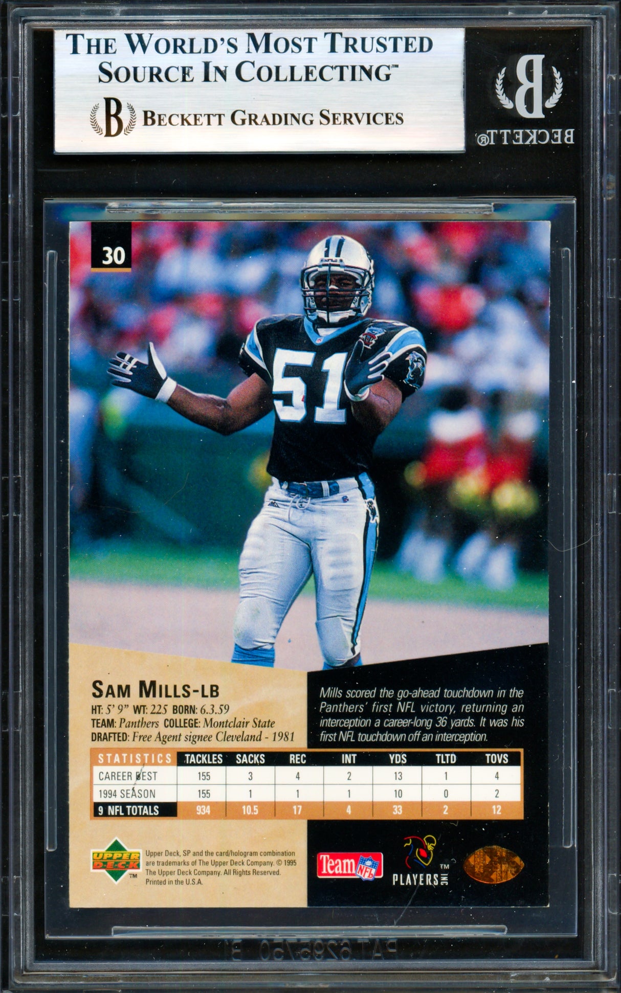 Sam Mills Autographed 1995 Upper Deck SP Card #30 Carolina Panthers Beckett BAS #19958479