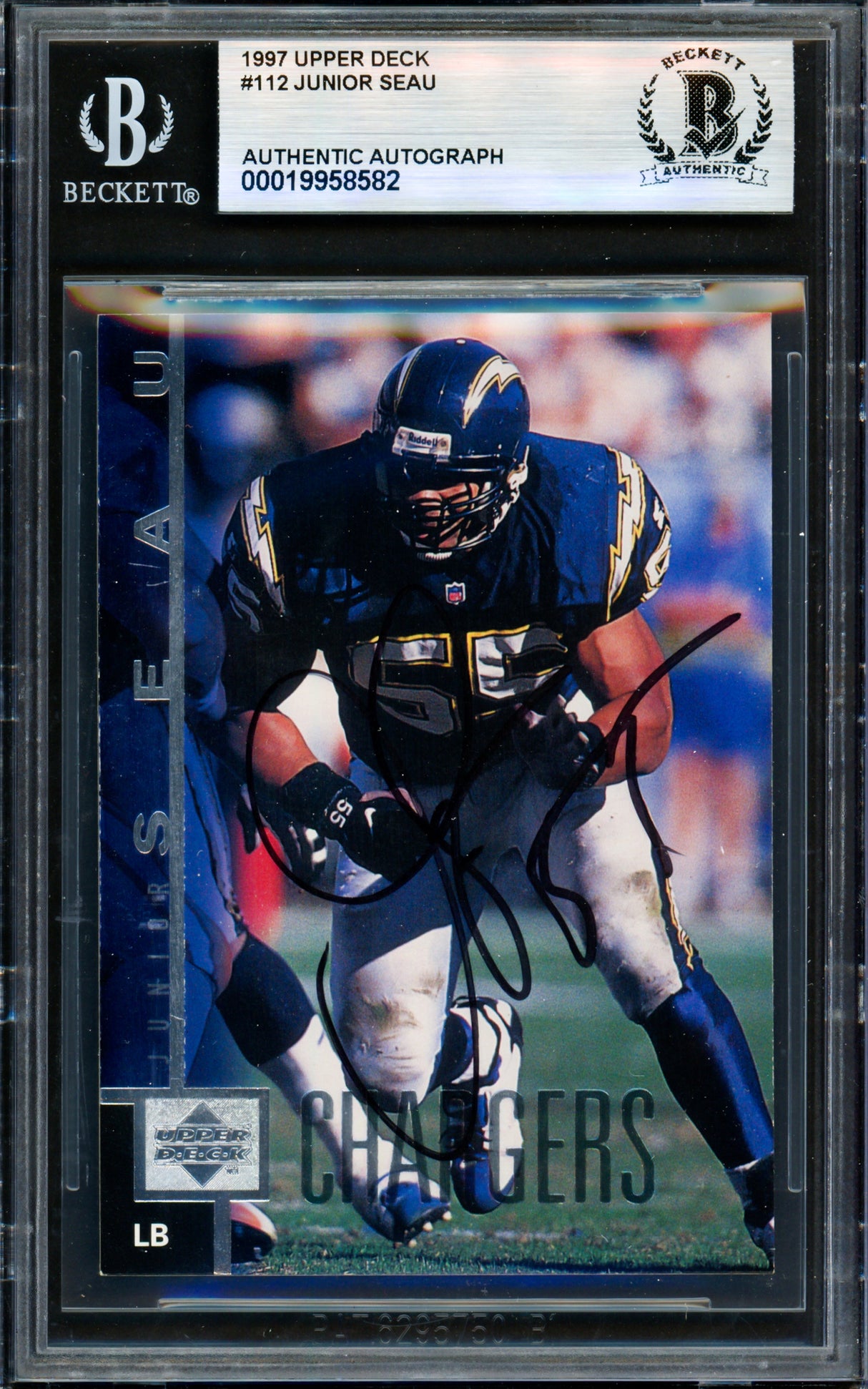 Junior Seau Autographed 1997 Upper Deck Card #112 San Diego Chargers Beckett BAS #19958582