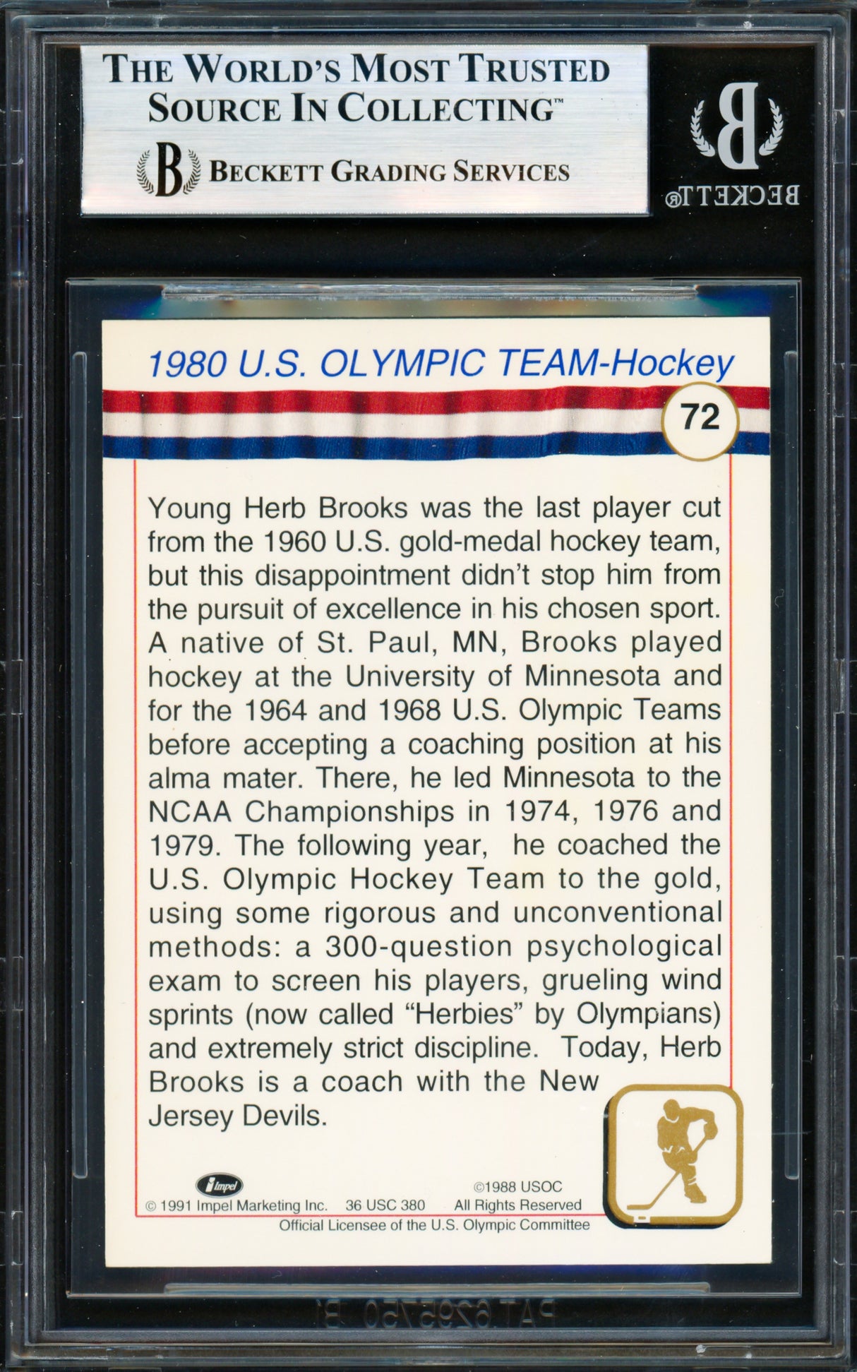 Herb Brooks Autographed 1991 Impel Card #72 1980 Team USA "Sweetness" Beckett BAS #19828372