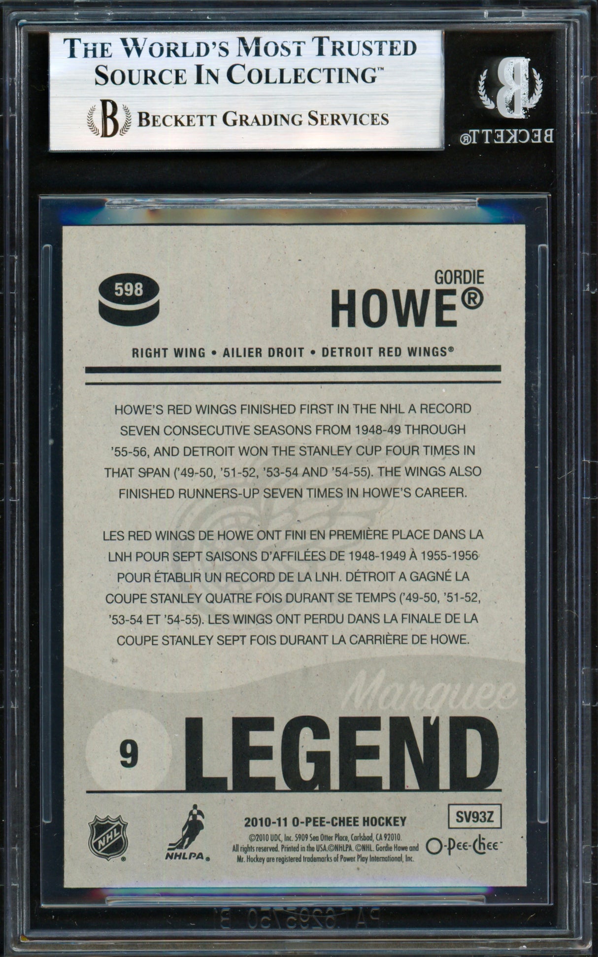 Gordie Howe Autographed 2010-11 O Pee Chee Marquee Card #598 Detroit Red Wings "Mr Hockey" Beckett BAS #19829900